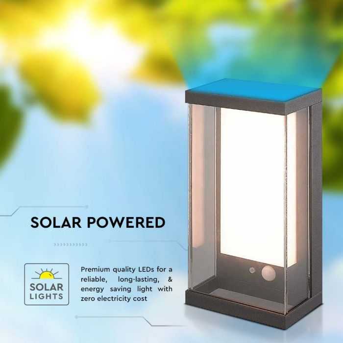 Sieninis šviestuvas V-tac 1W LED sieninis lauko šviestuvas su saulės baterija ir judesio davikliu, tamsiai pilkas, 3000K, IP54