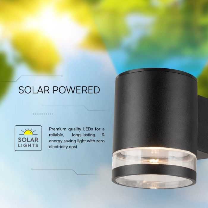Sieninis šviestuvas V-tac 1W LED sieninis lauko šviestuvas su saulės baterija ir judesio davikliu, juodas, 3000K, IP54