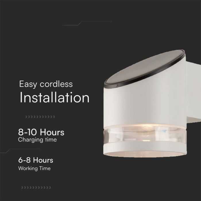 Sieninis šviestuvas V-tac 1W LED sieninis lauko šviestuvas su saulės baterija, baltas, 3000K, IP54