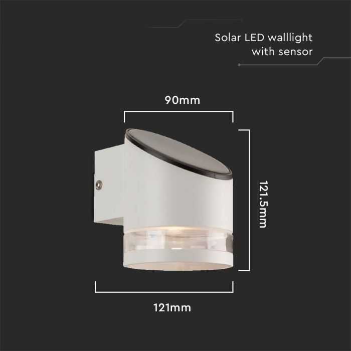 Sieninis šviestuvas V-tac 1W LED sieninis lauko šviestuvas su saulės baterija ir judesio davikliu, baltas, 3000K, IP54