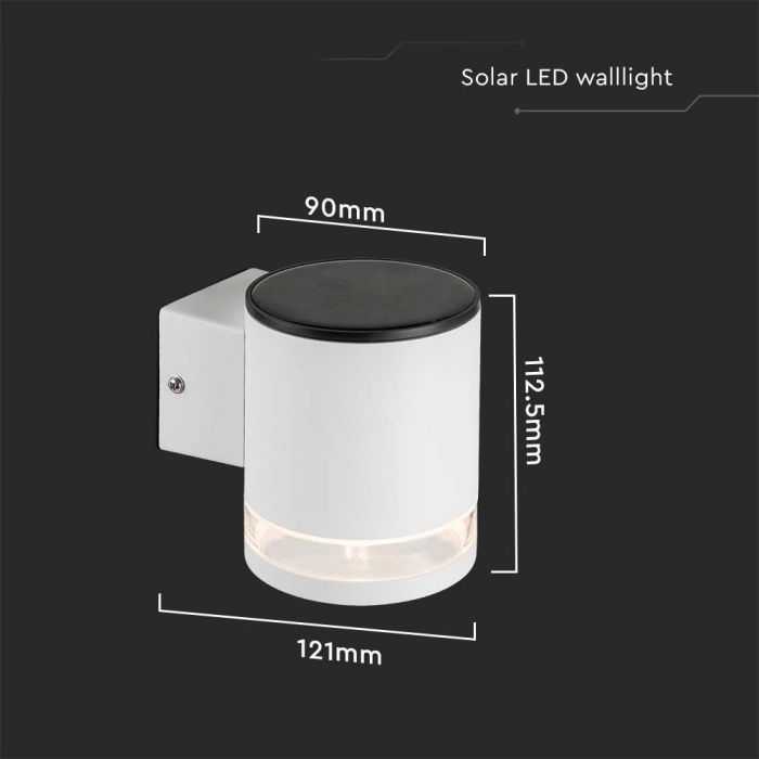 Sieninis šviestuvas V-tac 1W LED sieninis lauko šviestuvas su saulės baterija, baltas, 3000K, IP54