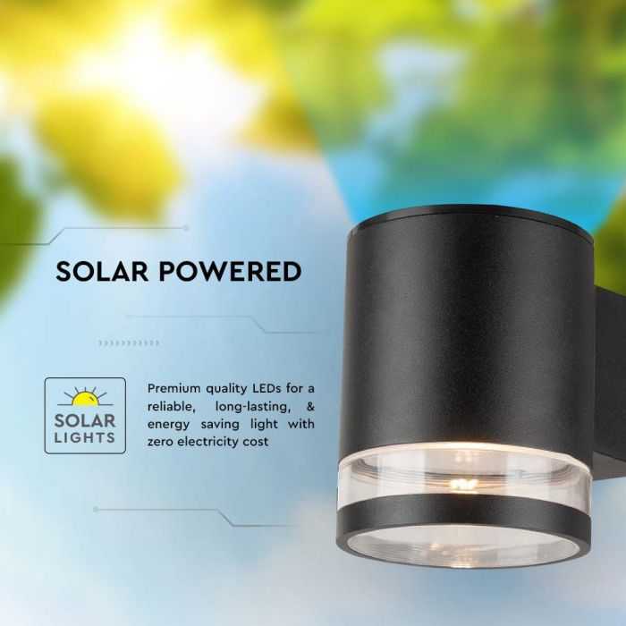 Sieninis šviestuvas V-tac 1W LED sieninis lauko šviestuvas su saulės baterija, juodas, 3000K, IP54