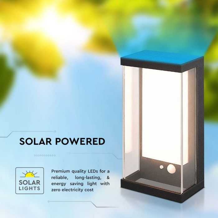 Sieninis šviestuvas V-tac 1W LED sieninis lauko šviestuvas su saulės baterija ir judesio davikliu, juodas, 3000K, IP54