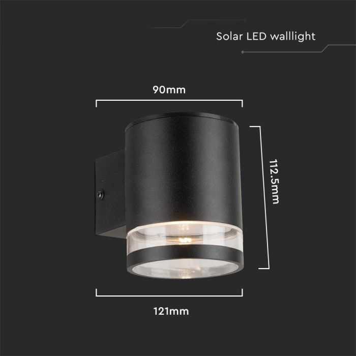 Sieninis šviestuvas V-tac 1W LED sieninis lauko šviestuvas su saulės baterija, juodas, 3000K, IP54
