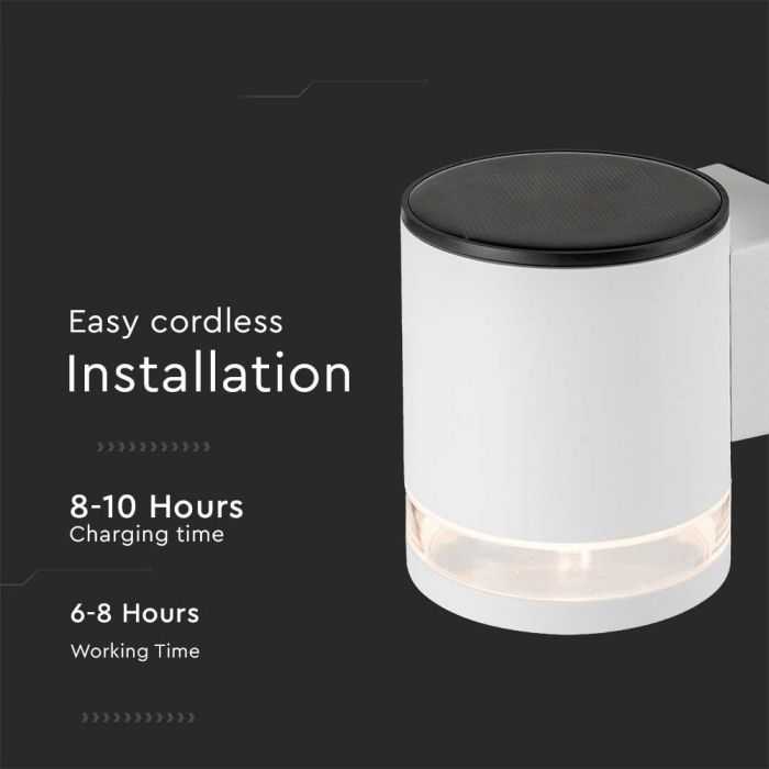 Sieninis šviestuvas V-tac 1W LED sieninis lauko šviestuvas su saulės baterija, baltas, 3000K, IP54