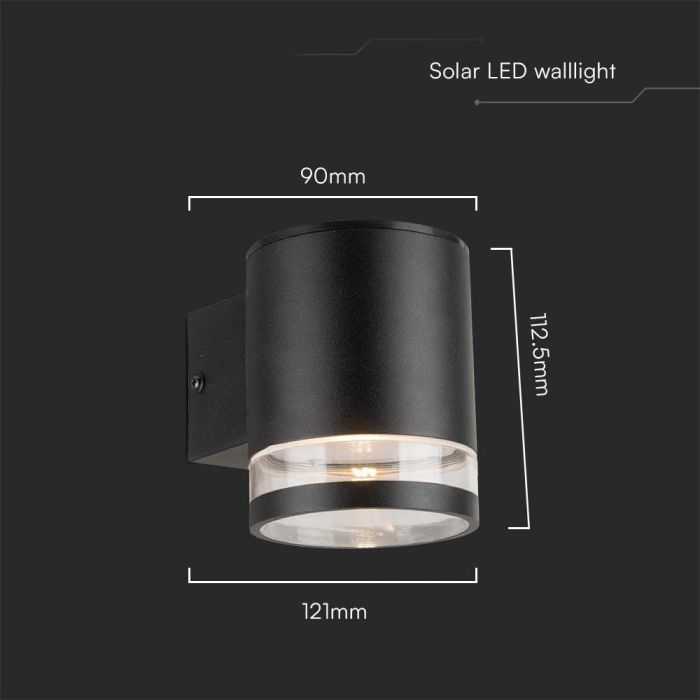 Sieninis šviestuvas V-tac 1W LED sieninis lauko šviestuvas su saulės baterija ir judesio davikliu, juodas, 3000K, IP54