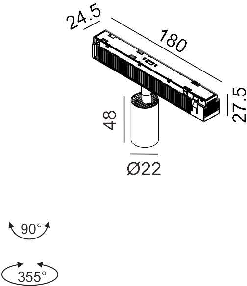 2.1W LED šviestuvas TUB XS A 48 į magnetinę sistemą IN_LINE, juodas, 3000K, 48V, 10°