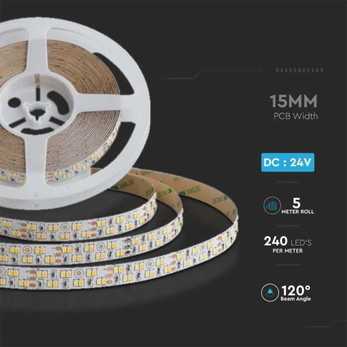 V-tac 21W/m LED juosta, 240LED/m, 24V, 3000/4000/6500K, 5 metrų ritė