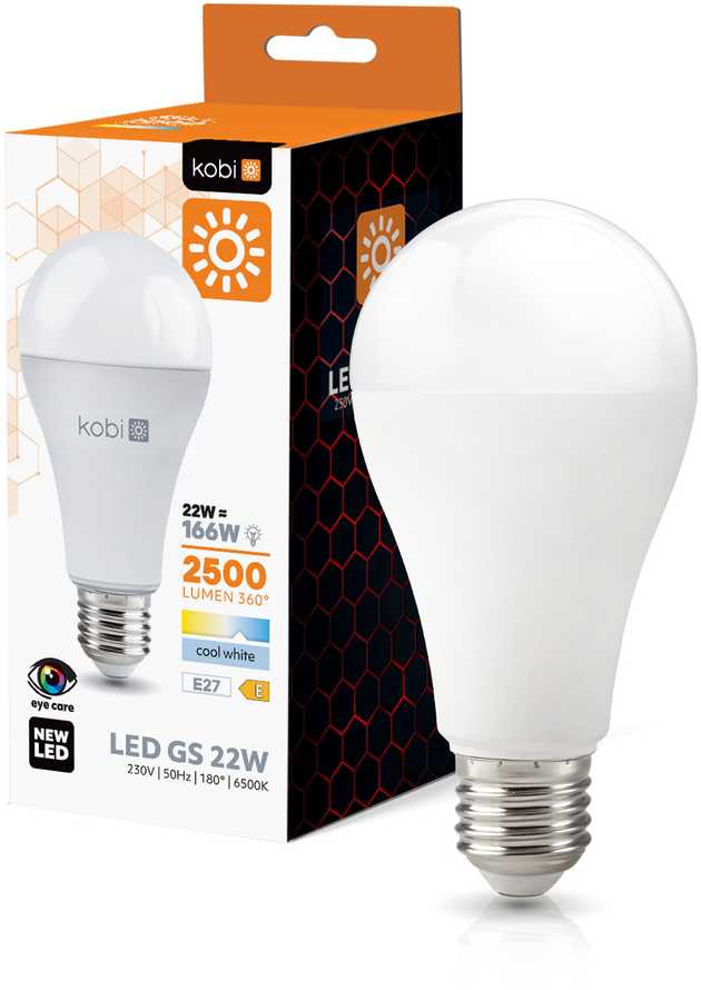 22W LED lemputė GS, E27, balta, 6500K, 180°