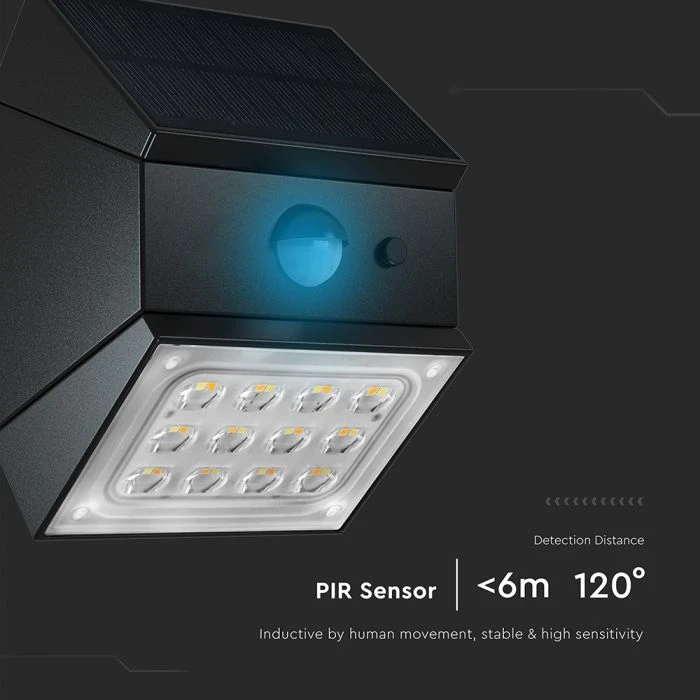 Sieninis šviestuvas V-tac 2,5W LED sieninis įkraunamas šviestuvas su saulės baterija ir judesio davikliu, juodas, 3000/4000/6000K, IP65