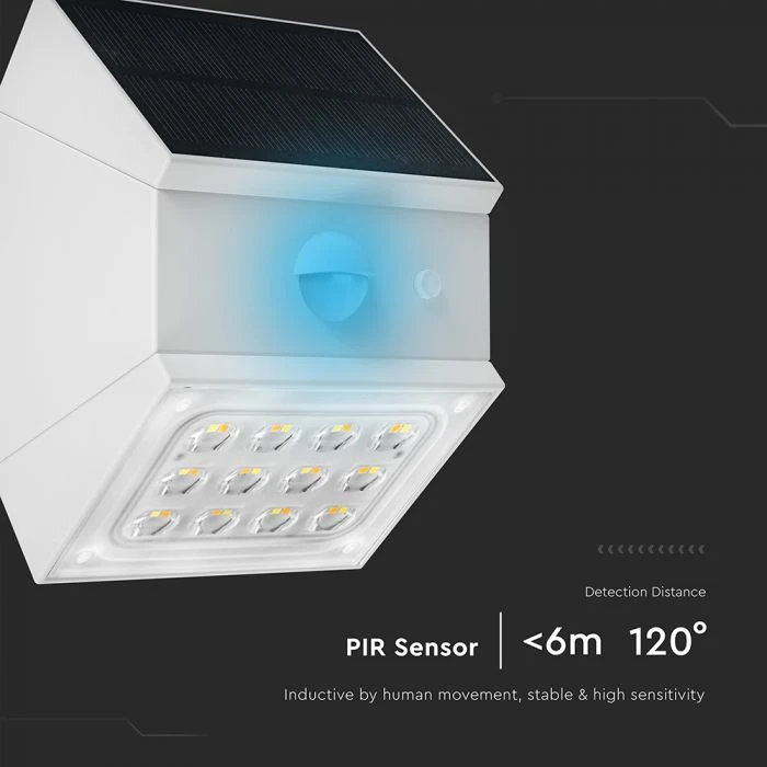 Sieninis šviestuvas V-tac 2,5W LED sieninis įkraunamas šviestuvas su saulės baterija ir judesio davikliu, baltas, 3000/4000/6000K, IP65