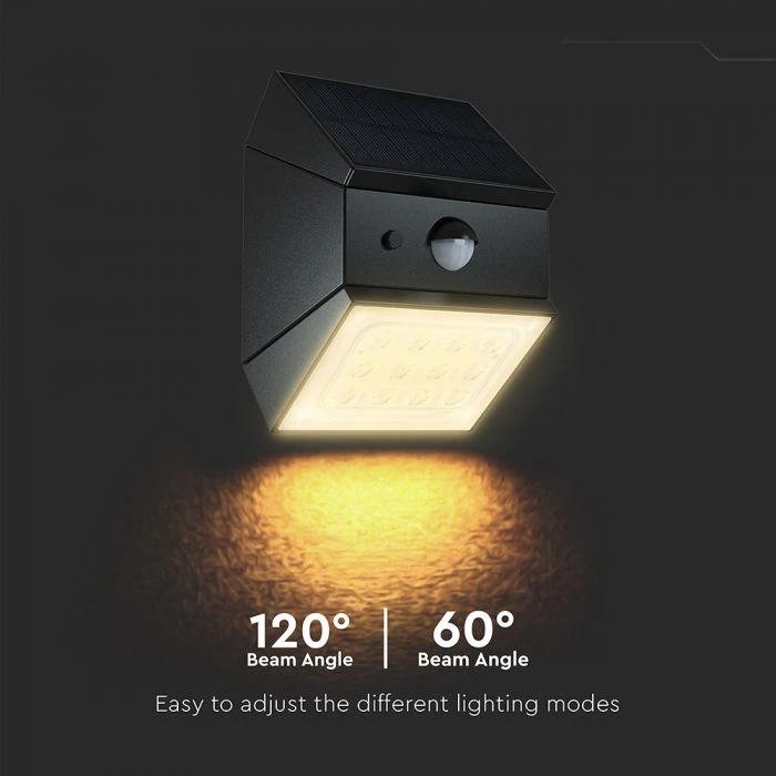 Sieninis šviestuvas V-tac 2,5W LED sieninis įkraunamas šviestuvas su saulės baterija ir judesio davikliu, juodas, 3000/4000/6000K, IP65