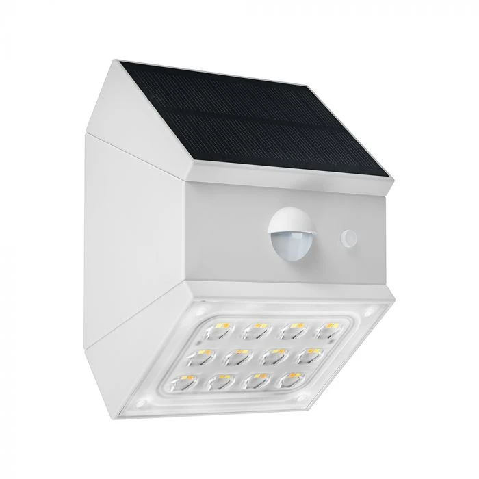 Sieninis šviestuvas V-tac 2,5W LED sieninis įkraunamas šviestuvas su saulės baterija ir judesio davikliu, baltas, 3000/4000/6000K, IP65