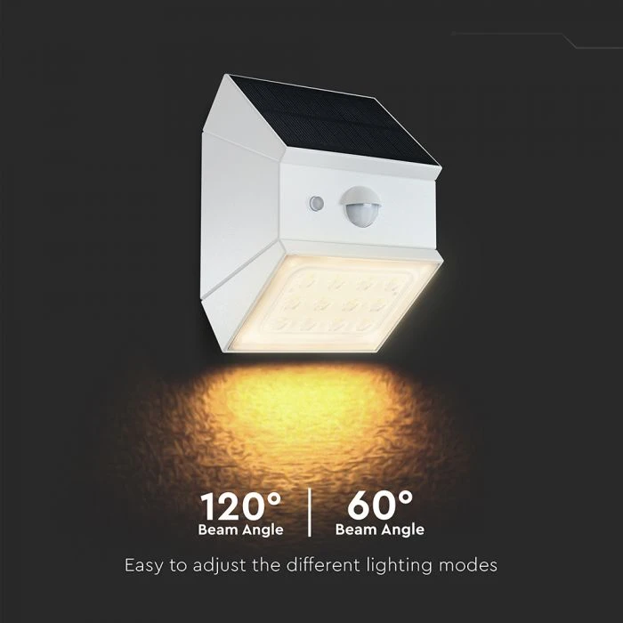 Sieninis šviestuvas V-tac 2,5W LED sieninis įkraunamas šviestuvas su saulės baterija ir judesio davikliu, baltas, 3000/4000/6000K, IP65