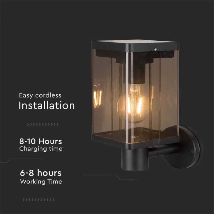 Sieninis šviestuvas V-tac 2,5W LED sieninis lauko šviestuvas su saulės baterija ir judesio davikliu, juodas, 3000K, IP54