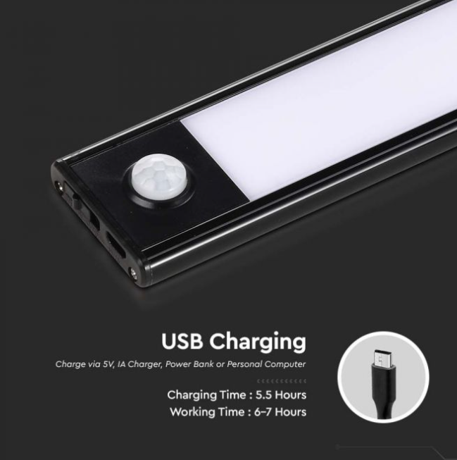 V-tac 2W LED įkraunamas linijinis paviršinis šviestuvas, 40cm, juodas, 3000K, su judesio davikliu