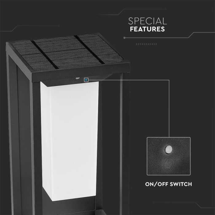 Sieninis šviestuvas V-tac 2W LED lauko šviestuvas su saulės baterija ir judesio/šviesos davikliu, pilkas, 3000K, SAMSUNG LED chip