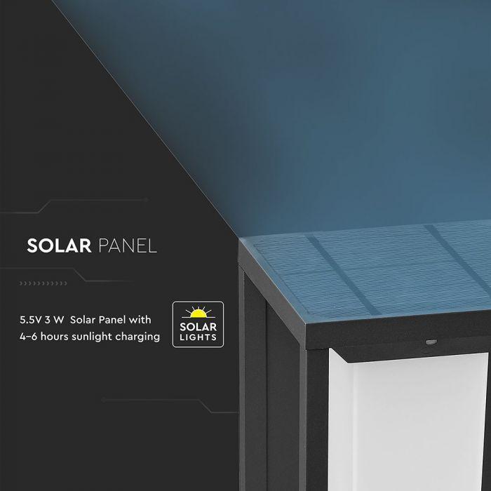Sieninis šviestuvas V-tac 2W LED lauko šviestuvas su saulės baterija ir judesio/šviesos davikliu, pilkas, 3000K, SAMSUNG LED chip