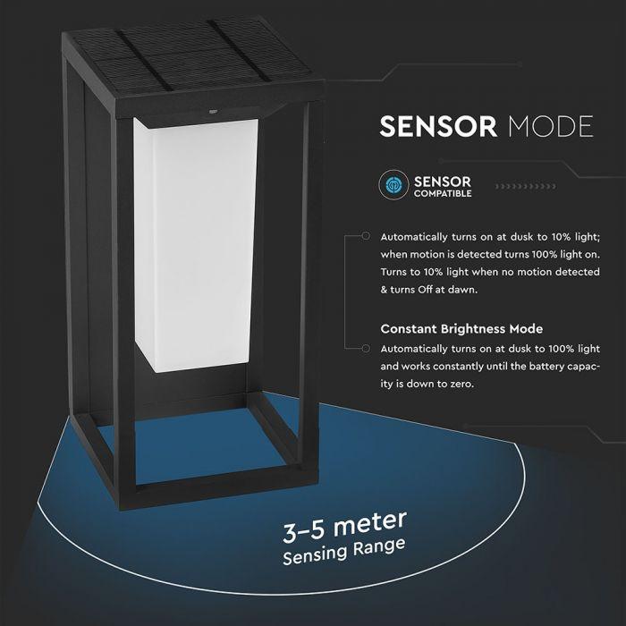Sieninis šviestuvas V-tac 2W LED lauko šviestuvas su saulės baterija ir judesio/šviesos davikliu, pilkas, 3000K, SAMSUNG LED chip