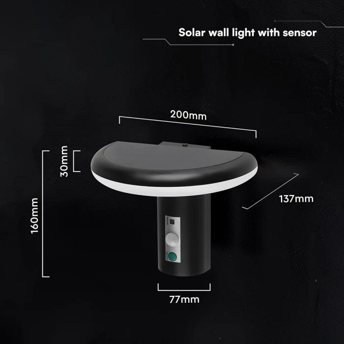 2W LED sieninis fasado šviestuvas su saulės baterija ir judesio davikliu, juodas, 3000K, IP54