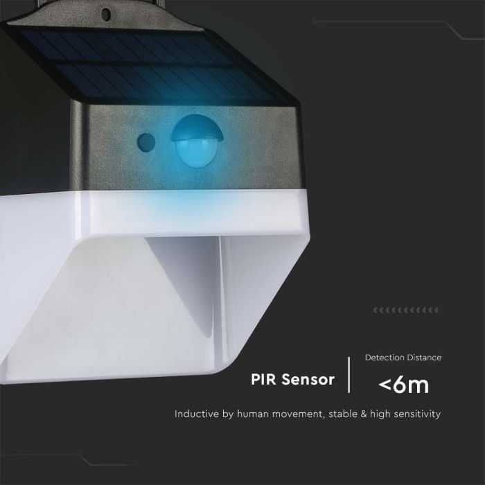 Sieninis šviestuvas V-tac 2W LED sieninis lauko šviestuvas su saulės baterija ir judesio davikliu, baltos/juodos sp., 4000K, IP65