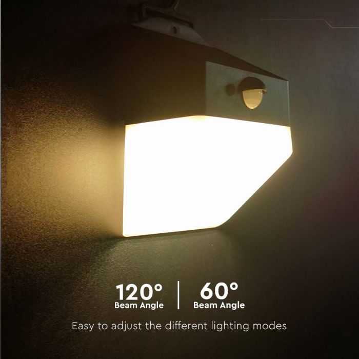 Sieninis šviestuvas V-tac 2W LED sieninis lauko šviestuvas su saulės baterija ir judesio davikliu, baltos/juodos sp., 4000K, IP65