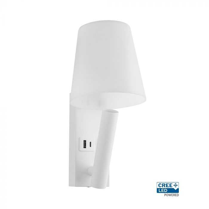 V-tac 2W LED sieninis šviestuvas, baltas, 3000K, CREE LED chip, su USB/PD jungtimi