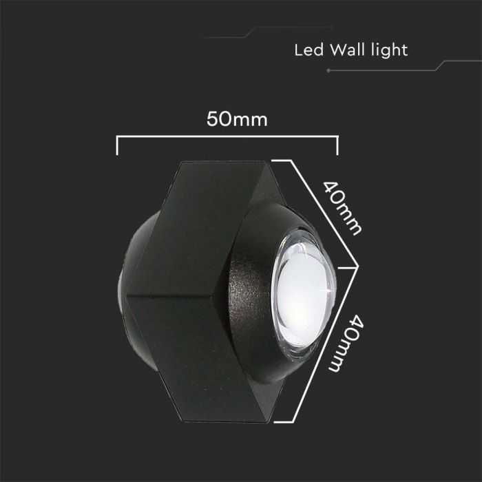 V-tac 2W LED sieninis šviestuvas, juodas, 3000K, IP54