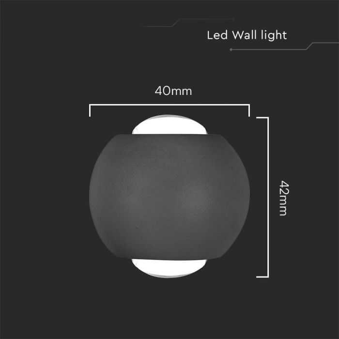 V-tac 2W LED sieninis šviestuvas, juodas, 4000K, IP54