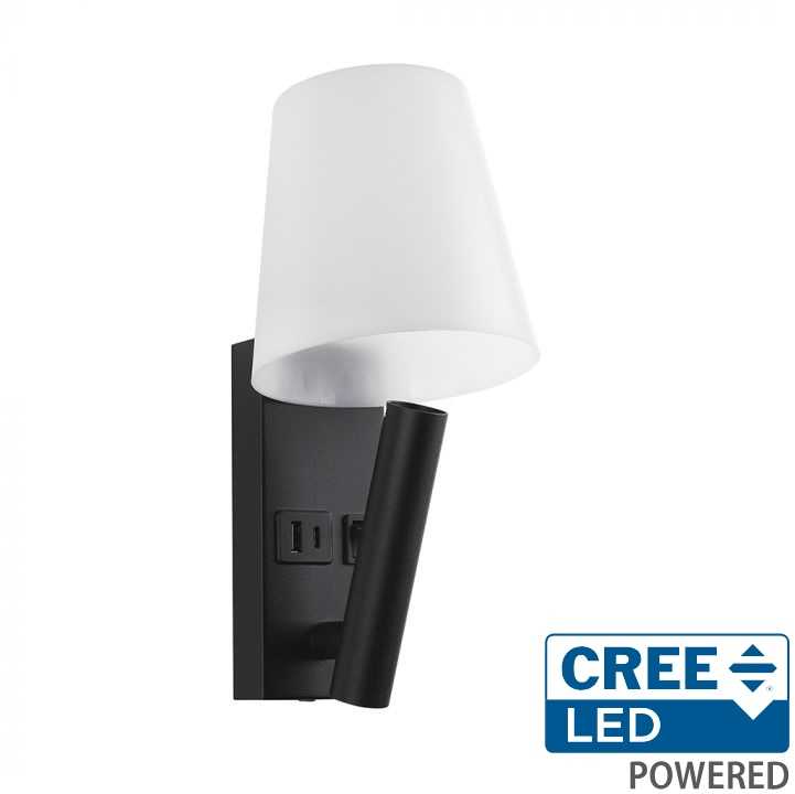 V-tac 2W LED sieninis šviestuvas, juodos/baltos sp., 3000K, CREE LED chip, su USB/PD jungtimi