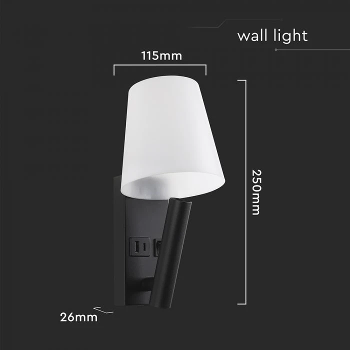 V-tac 2W LED sieninis šviestuvas, juodos/baltos sp., 3000K, CREE LED chip, su USB/PD jungtimi
