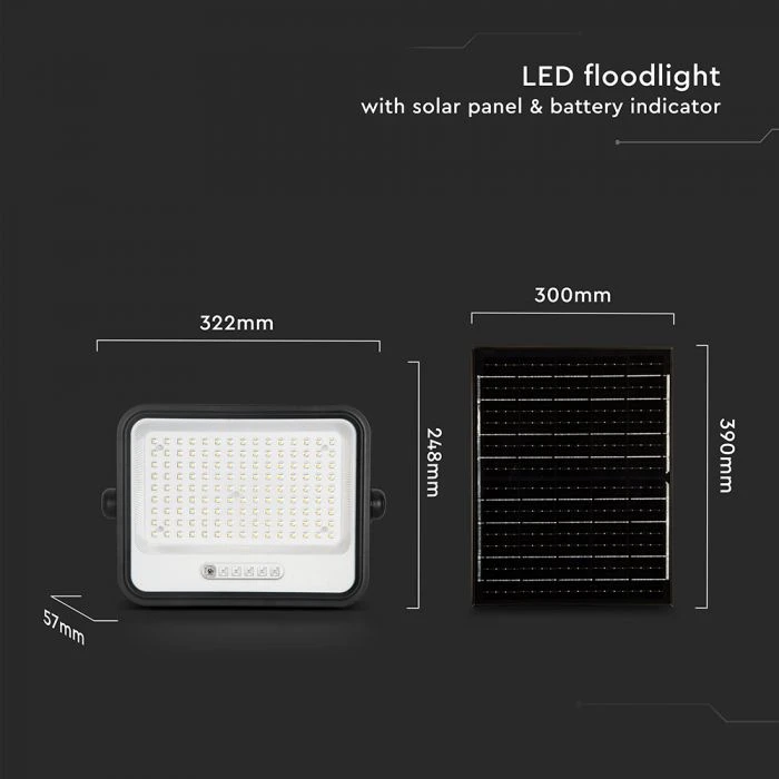 300W LED prožektorius su saulės baterija, juodas, 2000-8000K, dimeriuojamas