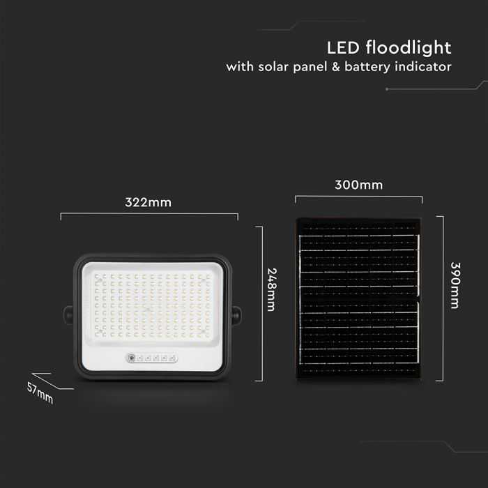 300W LED prožektorius su saulės baterija, juodas, 2000-8000K, dimeriuojamas