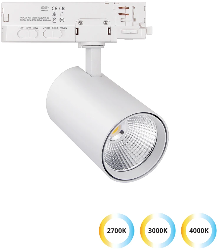 30W LED akcentinis šviestuvas į 3 fazių bėgelius KENTO, baltas, 2700/3000/4000K, dimeriuojamas, 24°, 4323400