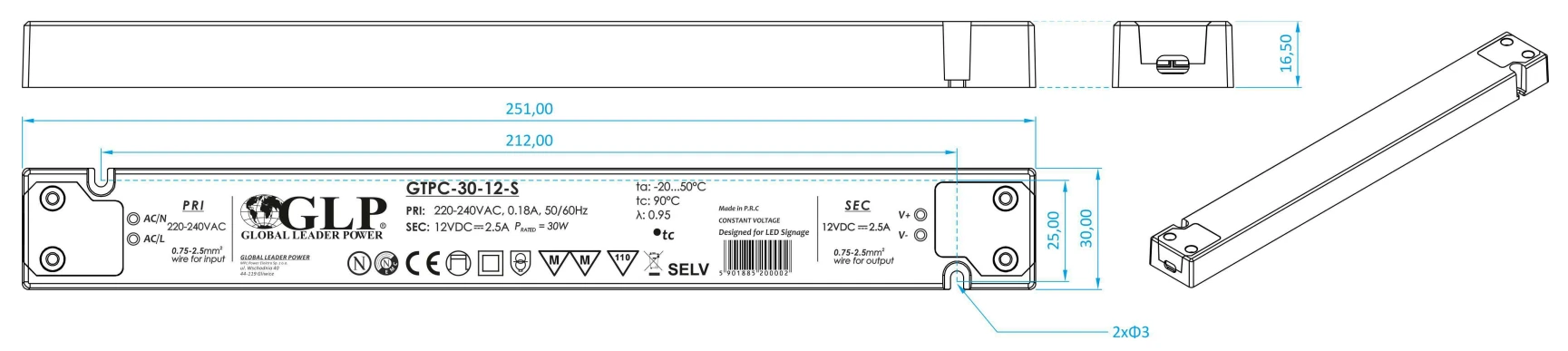 Mpl Power Maitinimo šaltinis GLP GTPC-30-12-S 12V 2.5A 30W