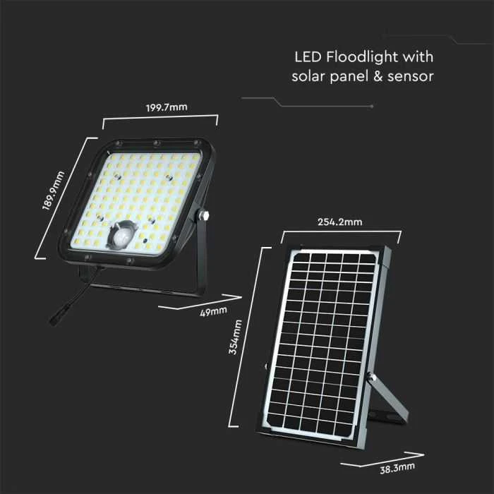 V-tac 30W LED prožektorius su saulės baterija, juodas, 6400K, su judesio davikliu