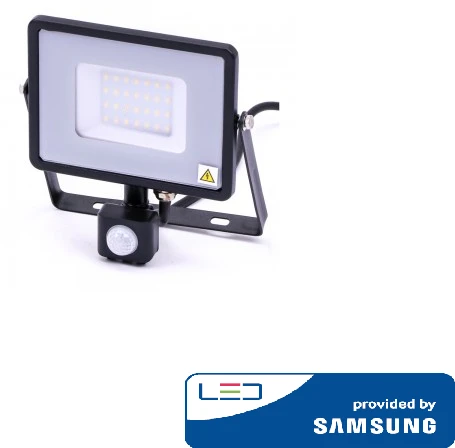 30W LED prožektorius V-TAC, 3000K (šiltai balta), su judesio davikliu, juodu korpusu, SAMSUNG LED chip