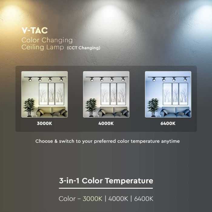 V-tac 30W LED šviestuvas į bėgelius, juodas, 3000/4000/6400K