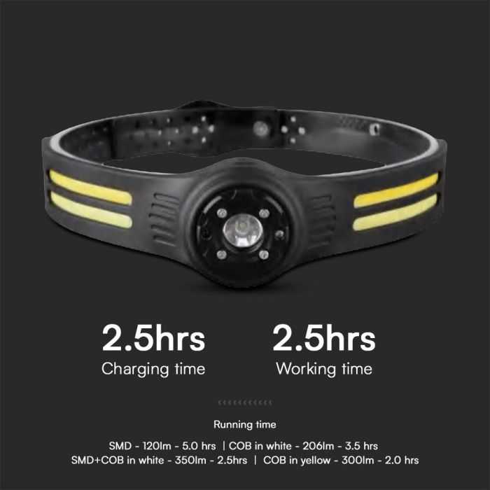 V-tac 3+5W LED įkraunamas žibintuvėlis, juodas, IP43, tvirtinamas ant galvos