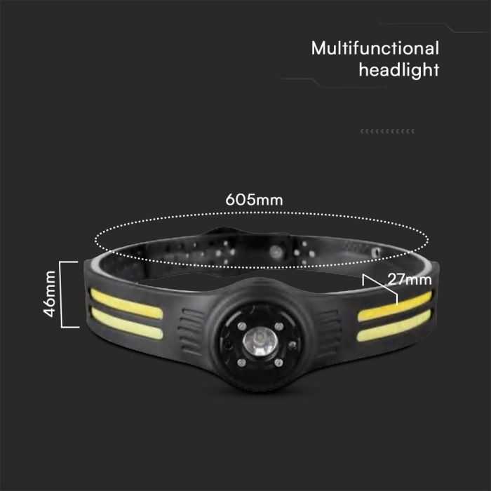 V-tac 3+5W LED įkraunamas žibintuvėlis, juodas, IP43, tvirtinamas ant galvos