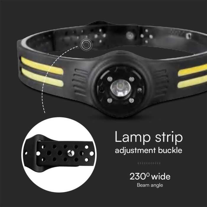 V-tac 3+5W LED įkraunamas žibintuvėlis, juodas, IP43, tvirtinamas ant galvos