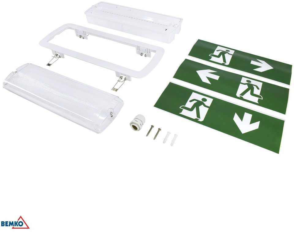 Luxmena 3,5W LED paviršinis evakuacinis šviestuvas GALER, baltas, 6500K, IP65, 3h veikimas autonominiu režimu, su piktogramų rinkiniu