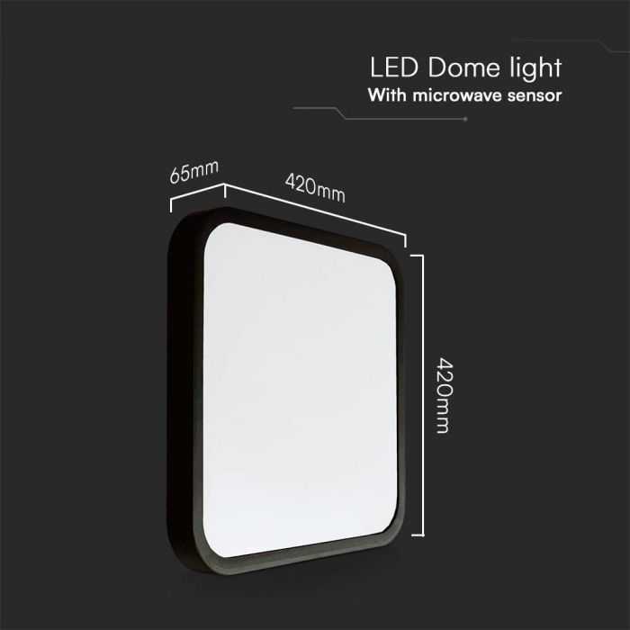 Sieninis šviestuvas V-tac 36W LED paviršinis šviestuvas, kvadratinis, juodu korpusu, 4000K, IP44, su judesio davikliu
