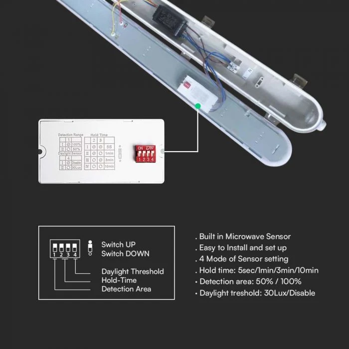 V-tac 36W LED šviestuvas T8, 120cm, 6500K, pieno sp. dangteliu, su mikrobangų judesio jutikliu