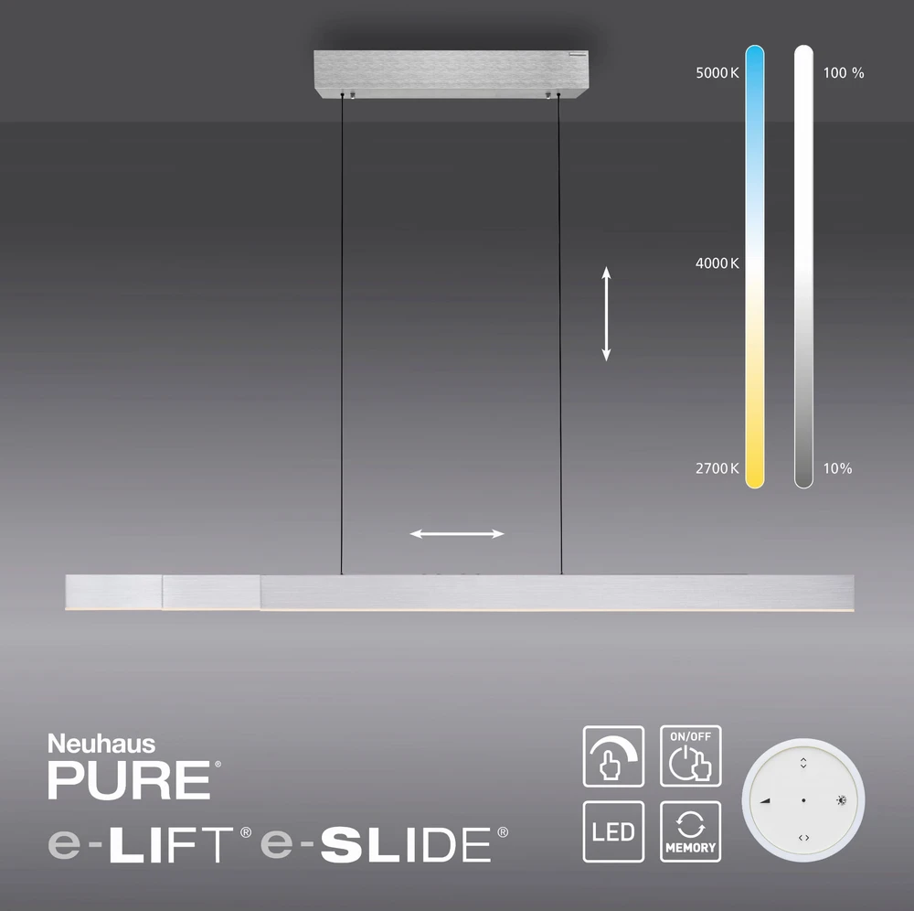 39W LED pakabinamas šviestuvas MOTO-RISE, sidabro sp., 2700-5000K, dimeriuojamas, reguliuojamo aukščio ir ilgio