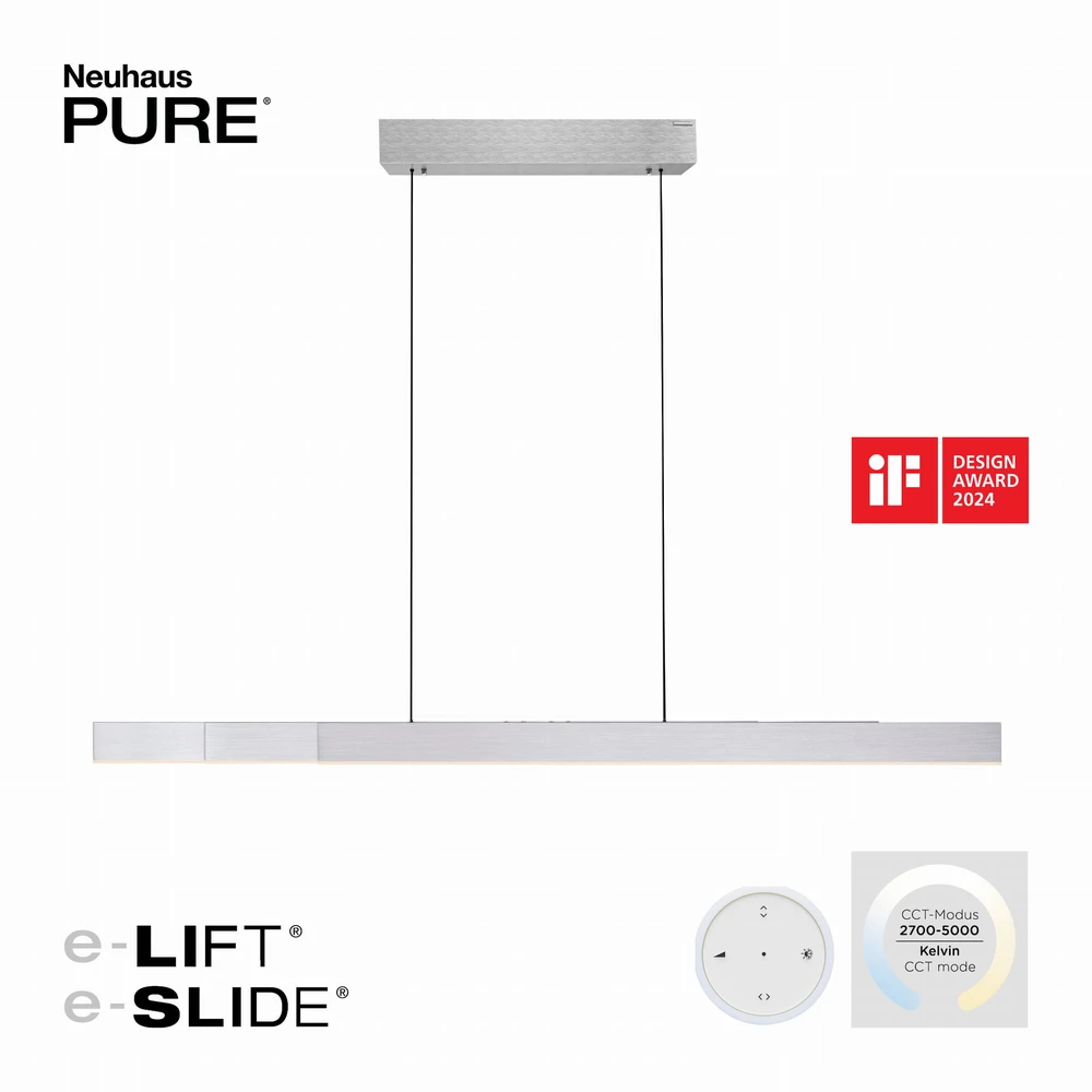 39W LED pakabinamas šviestuvas MOTO-RISE, sidabro sp., 2700-5000K, dimeriuojamas, reguliuojamo aukščio ir ilgio