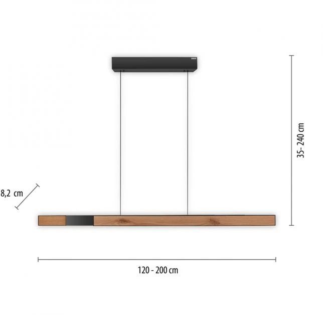 39W LED pakabinamas šviestuvas MOTO-RISE, ąžuolo/juodos sp., 2700-5000K, dimeriuojamas, reguliuojamo aukščio ir ilgio