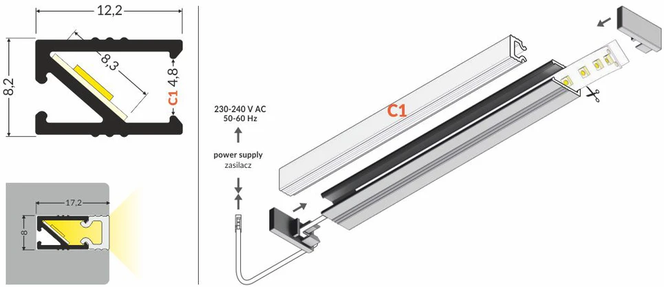 3m LED juostos profilio LED HI8 C1 anoduotas aliuminis.