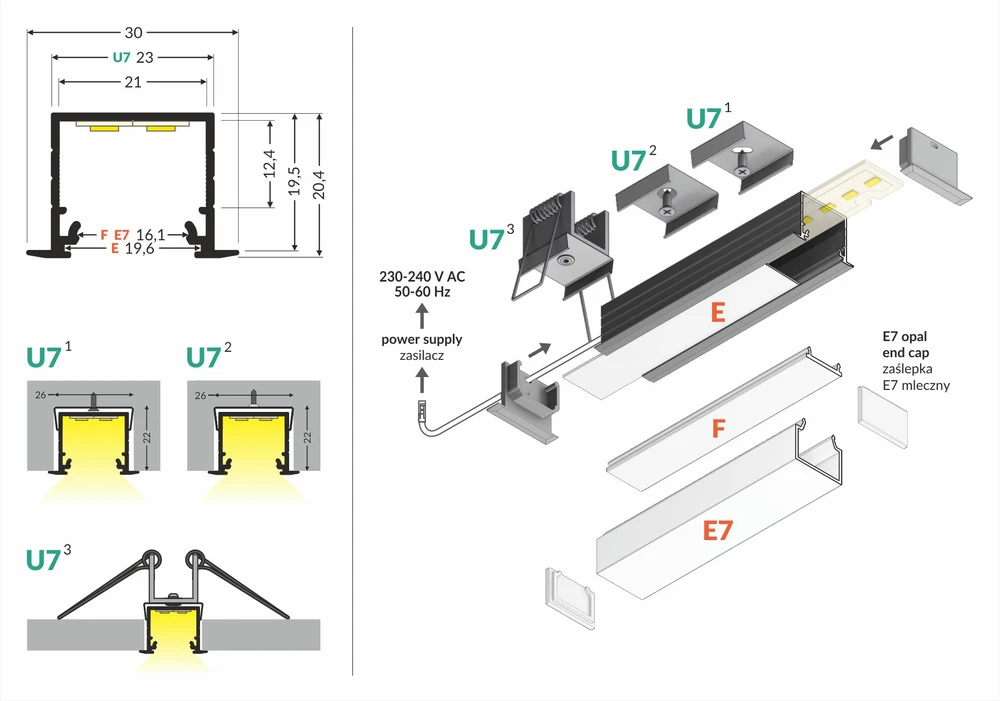 3m LED juostos profilio LINEA-IN20, neanoduotas aliuminis