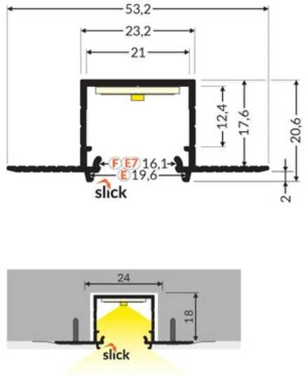 LED juostos profilis LINEA-IN20 TRIMLESS, anoduotas aliuminis, 3m